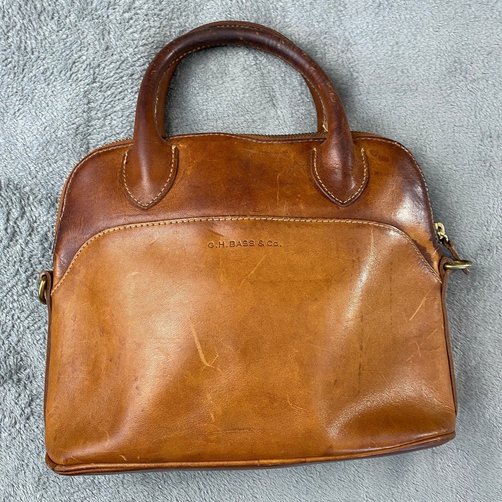 Vintage G.H. Bass Co Satchel Bag M Tan Leather Dome Style Patina Brass Hardware - Picture 2 of 12